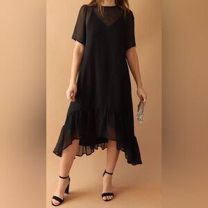 All:Row Black Slip Women Dress Small asymmetrical flounce hem Sheer chiffon